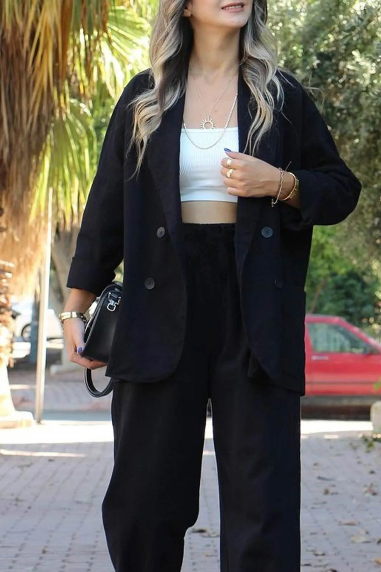 Joskaa Lapel Double-breasted Blazer Long Pants Suits