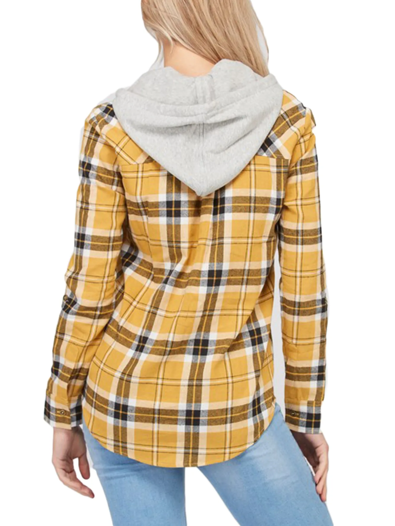 KOGMO Womens Plaid Button Down Shirts with Detachable Knit Hoodie
