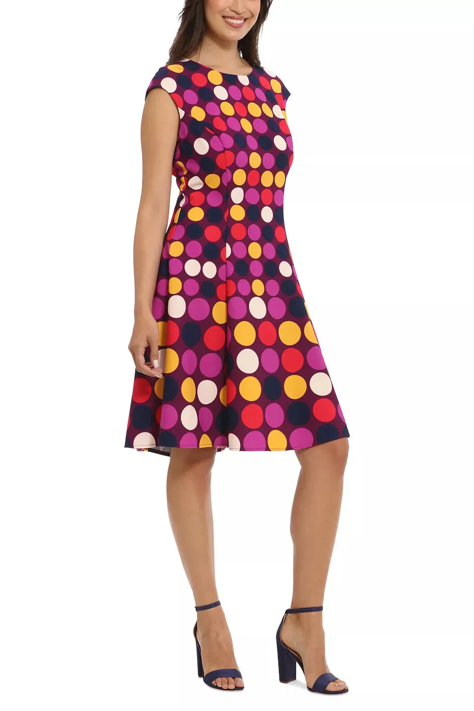 London Times crew neck cap sleeve A-line zipper closure multi print scuba crepe dress