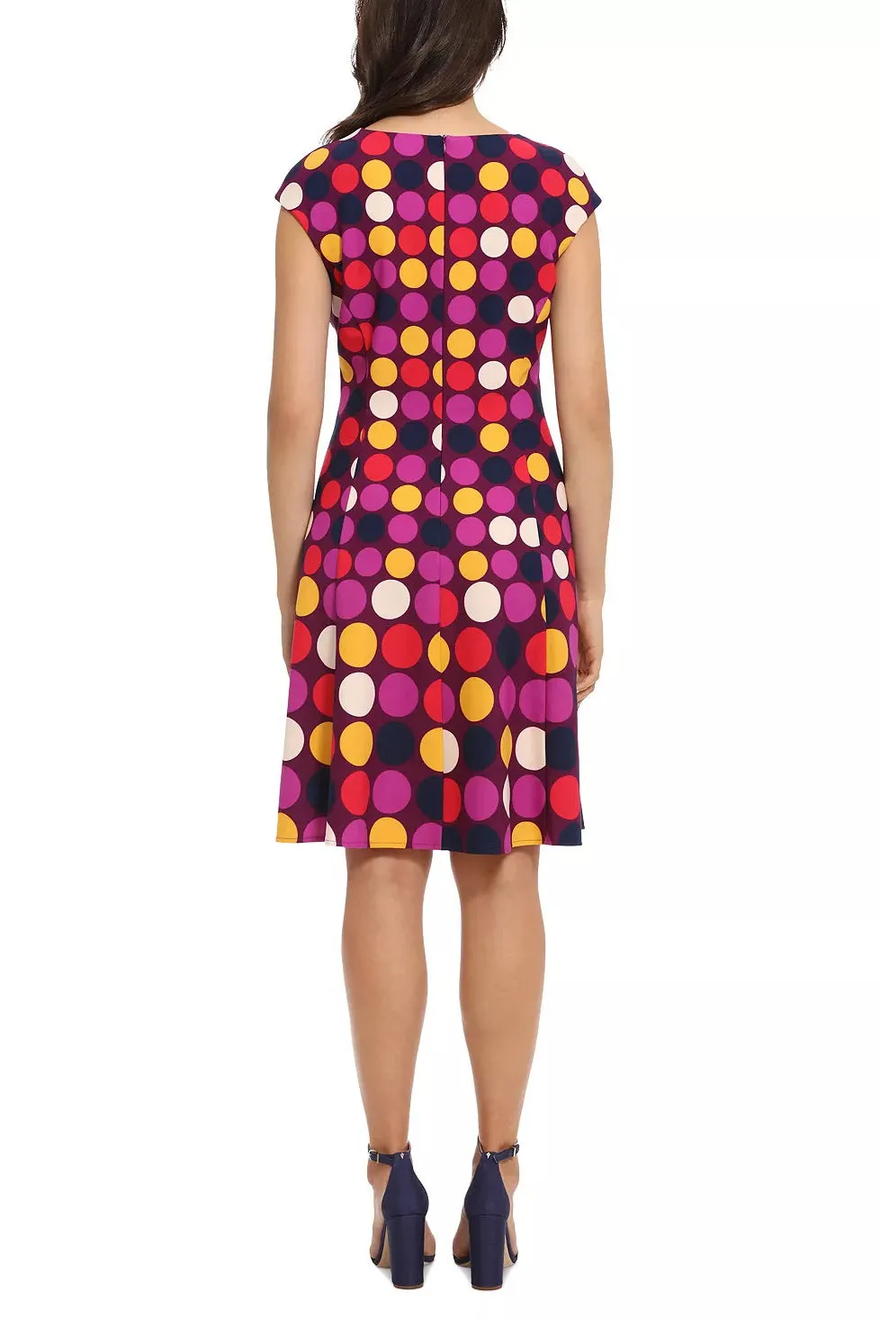 London Times crew neck cap sleeve A-line zipper closure multi print scuba crepe dress