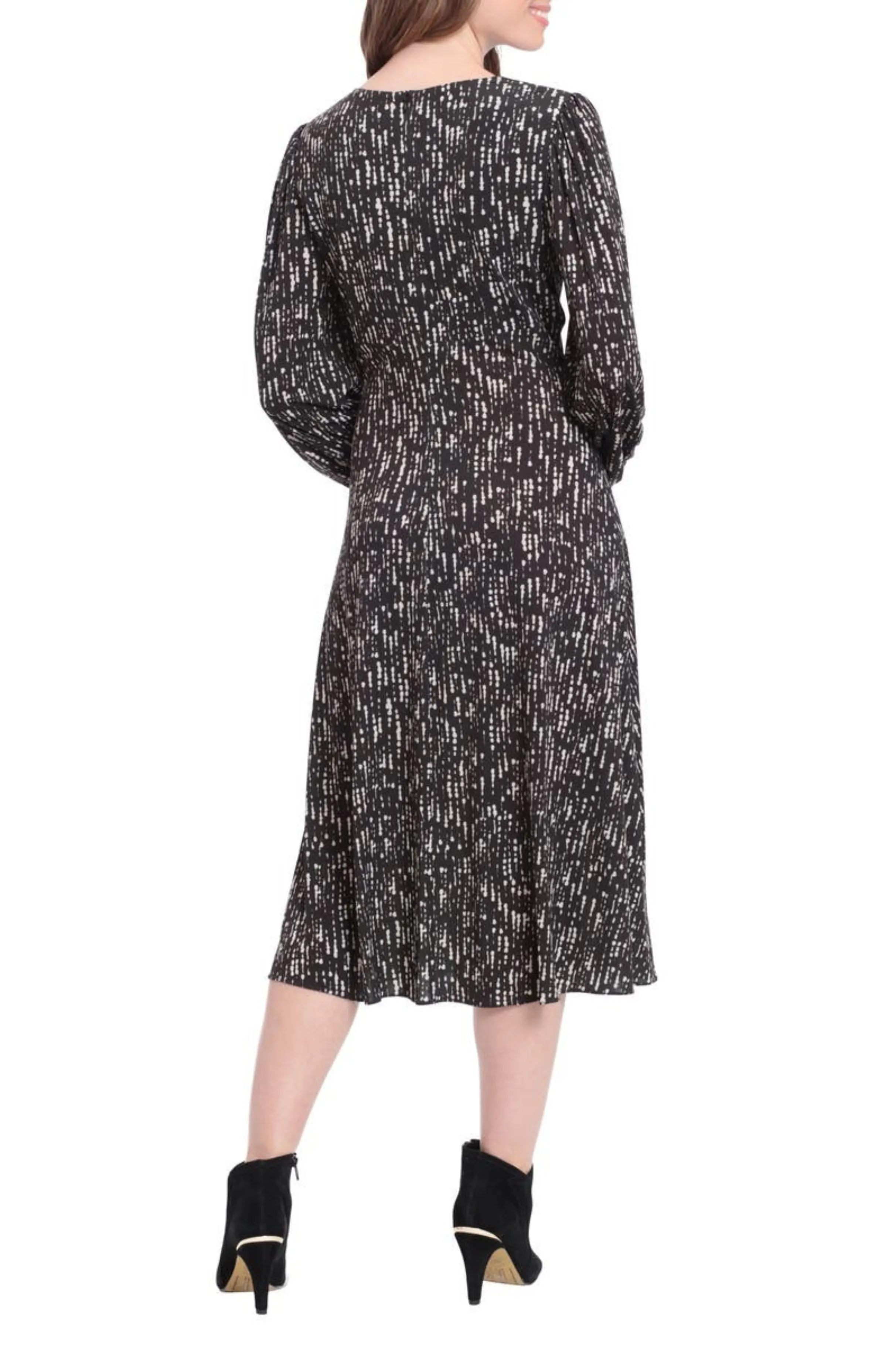 London Times Crew Neck Keyhole Front Long Sleeve A-line Multi Print Matte Jersey Midi Dress