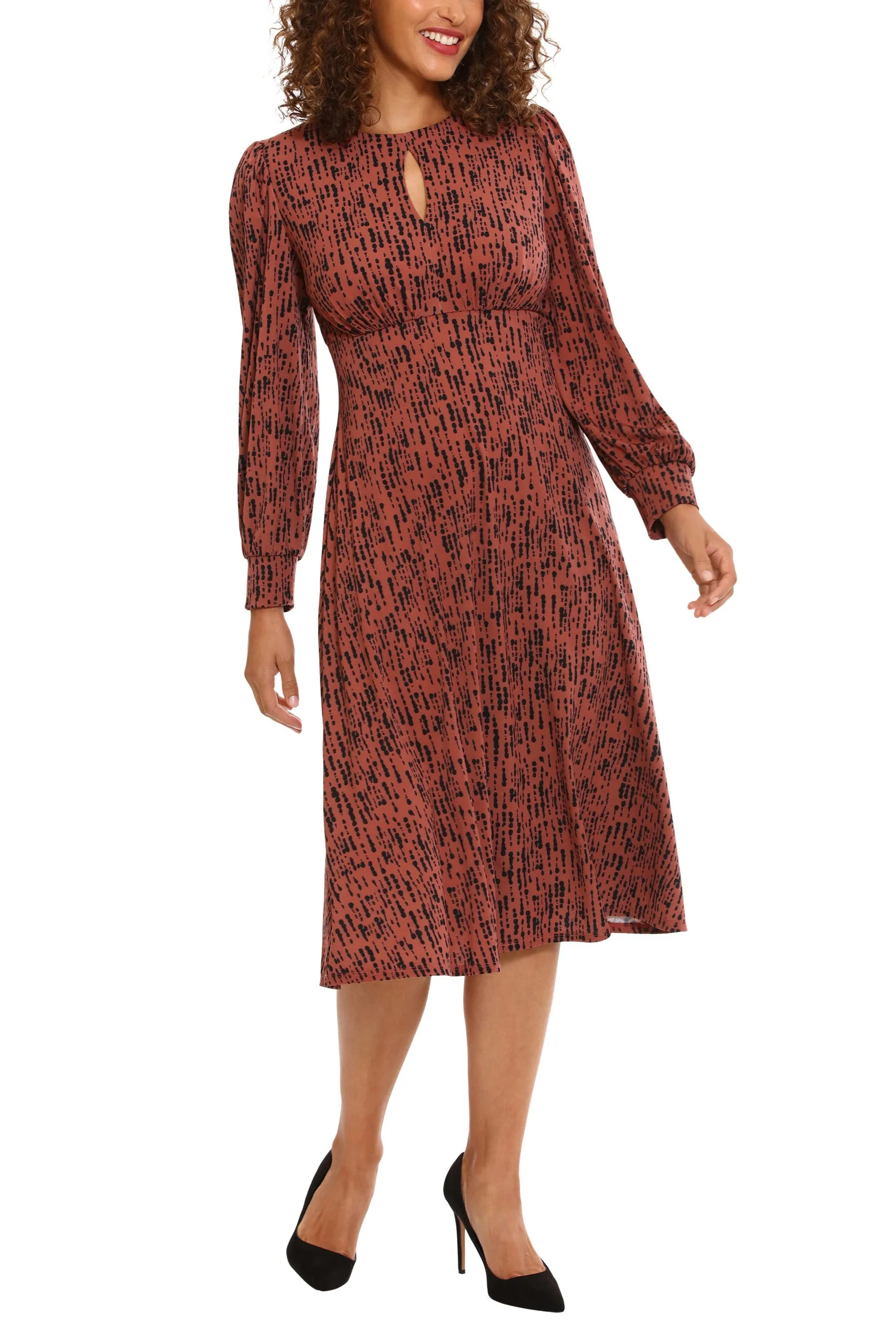 London Times Crew Neck Keyhole Front Long Sleeve A-line Multi Print Matte Jersey Midi Dress