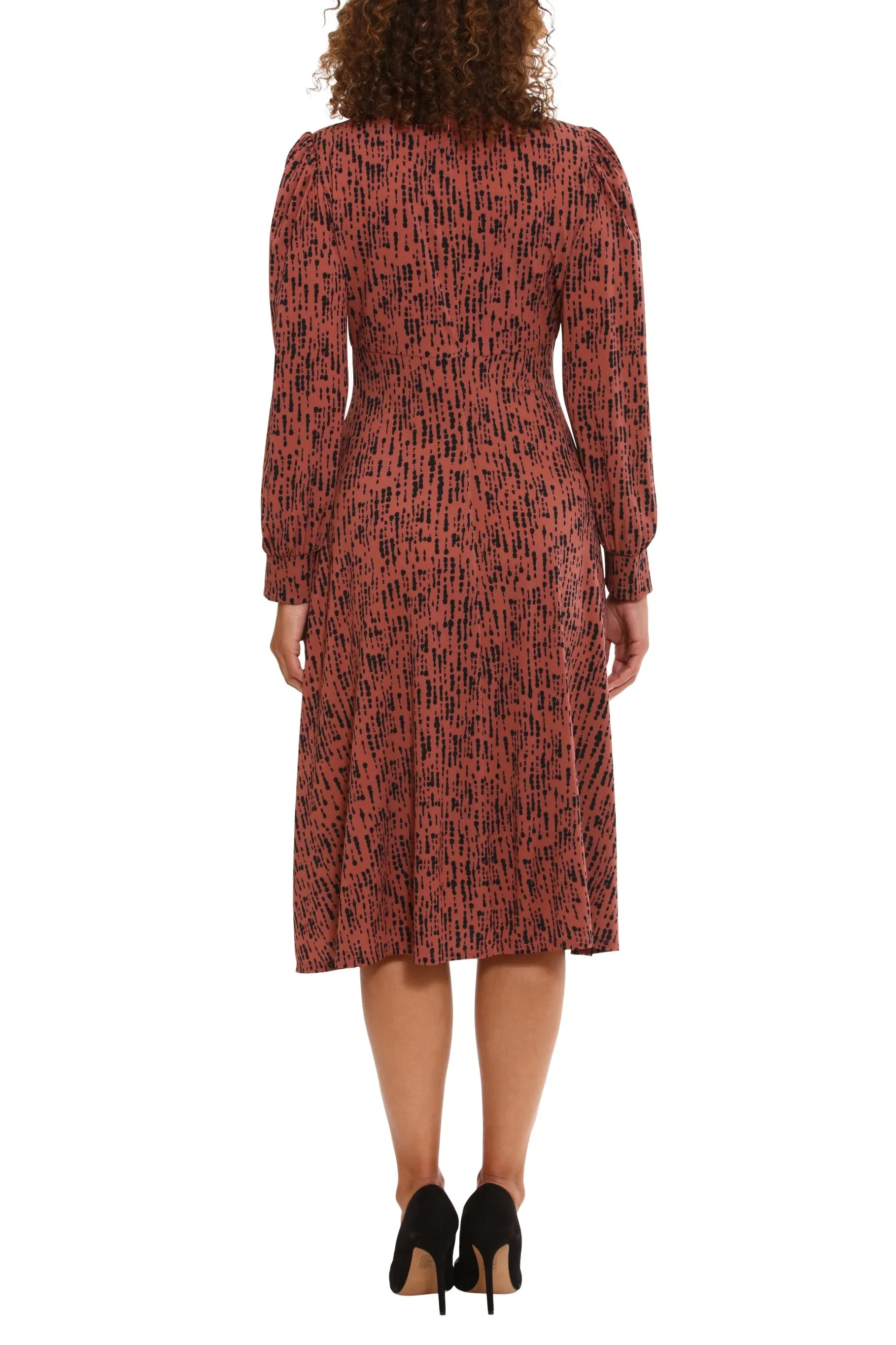 London Times Crew Neck Keyhole Front Long Sleeve A-line Multi Print Matte Jersey Midi Dress