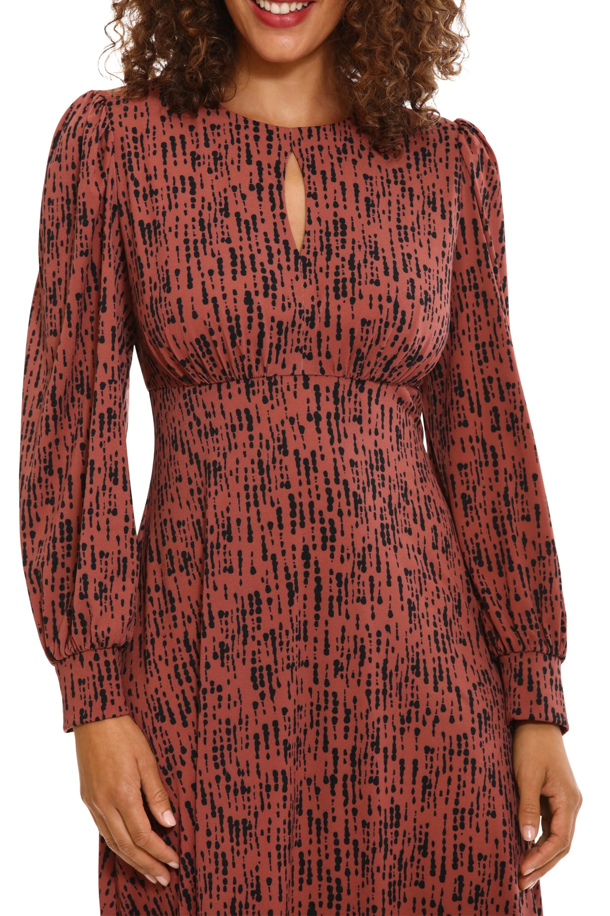 London Times Crew Neck Keyhole Front Long Sleeve A-line Multi Print Matte Jersey Midi Dress