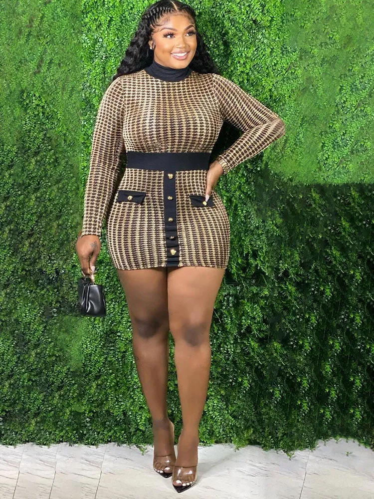 Long Sleeve Mock Neck Plaid Mini Dresses