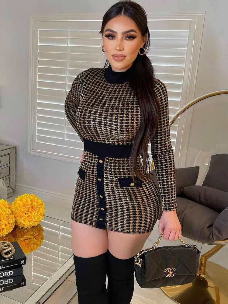 Long Sleeve Mock Neck Plaid Mini Dresses