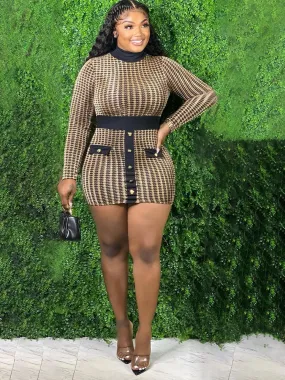 Long Sleeve Mock Neck Plaid Mini Dresses