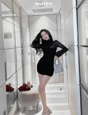 Long-sleeved short bodycon dress with a thin layer of chiffon on the outside