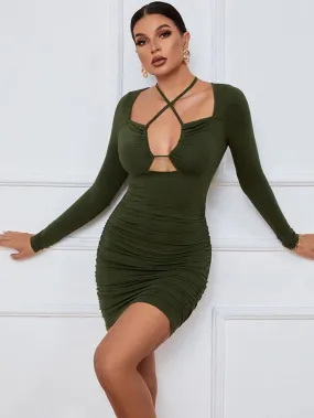 Long Sleeves Halter Ruched Mini Dresses