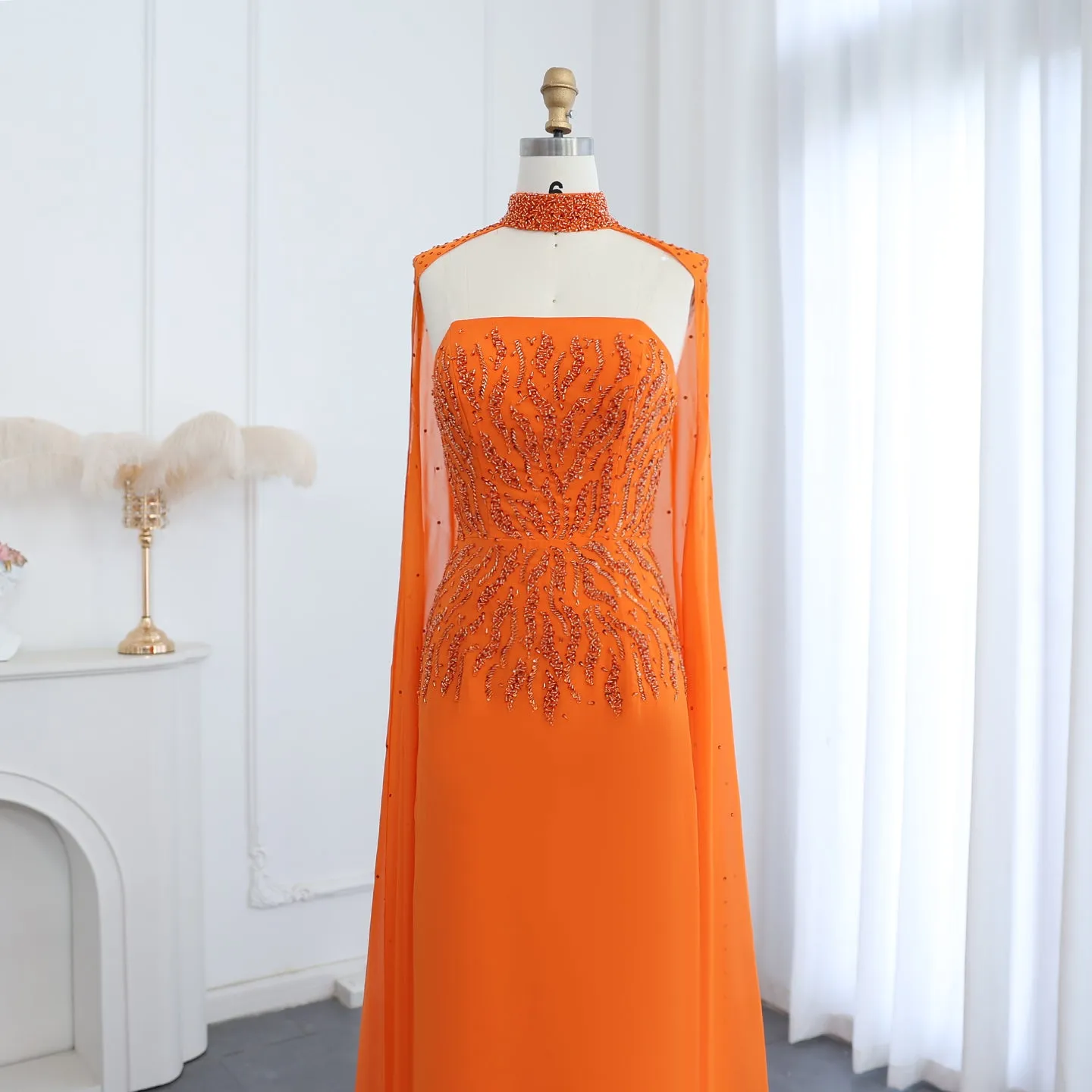 Luxury Orange Strapless Evening Dress with Cape Sleeves SS299