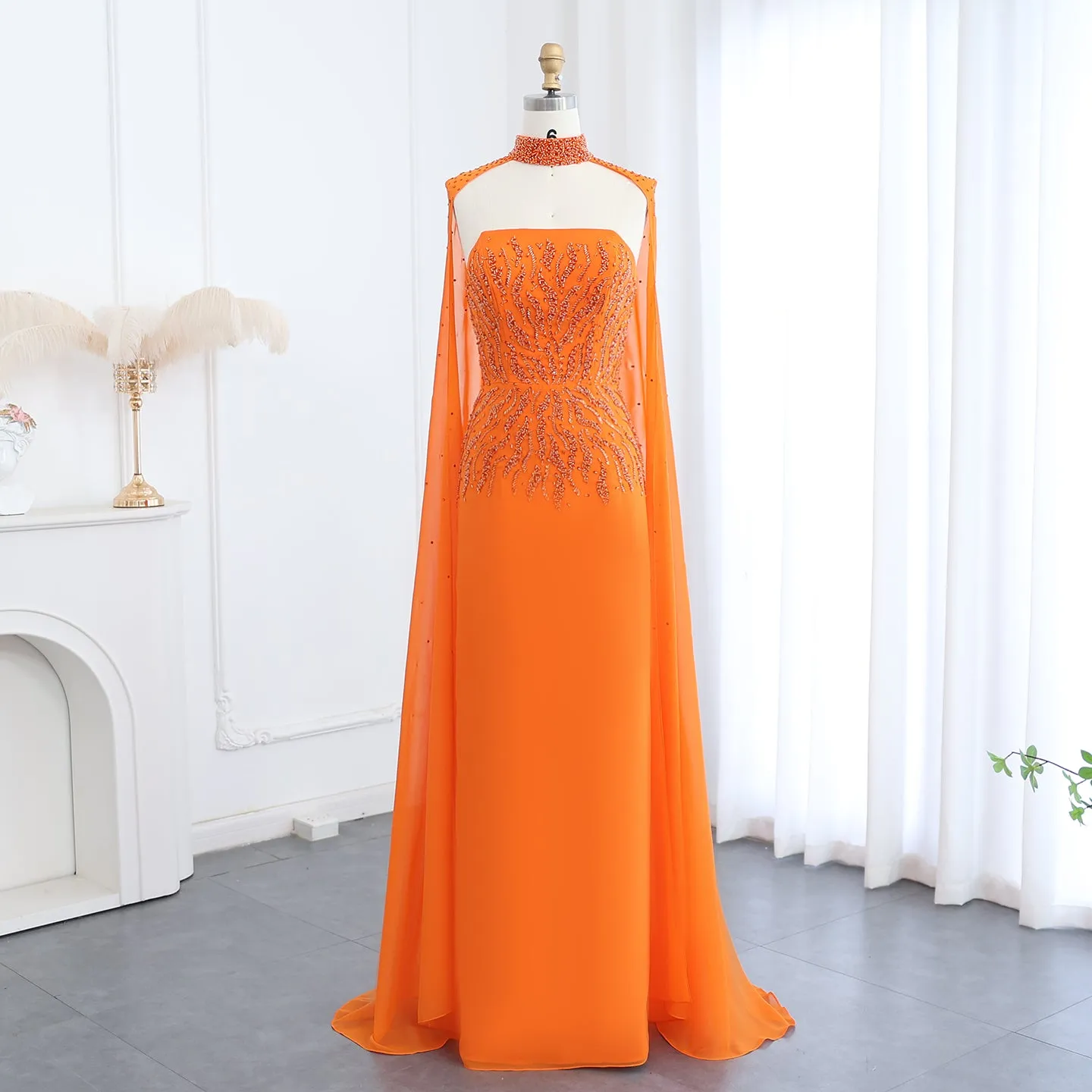 Luxury Orange Strapless Evening Dress with Cape Sleeves SS299