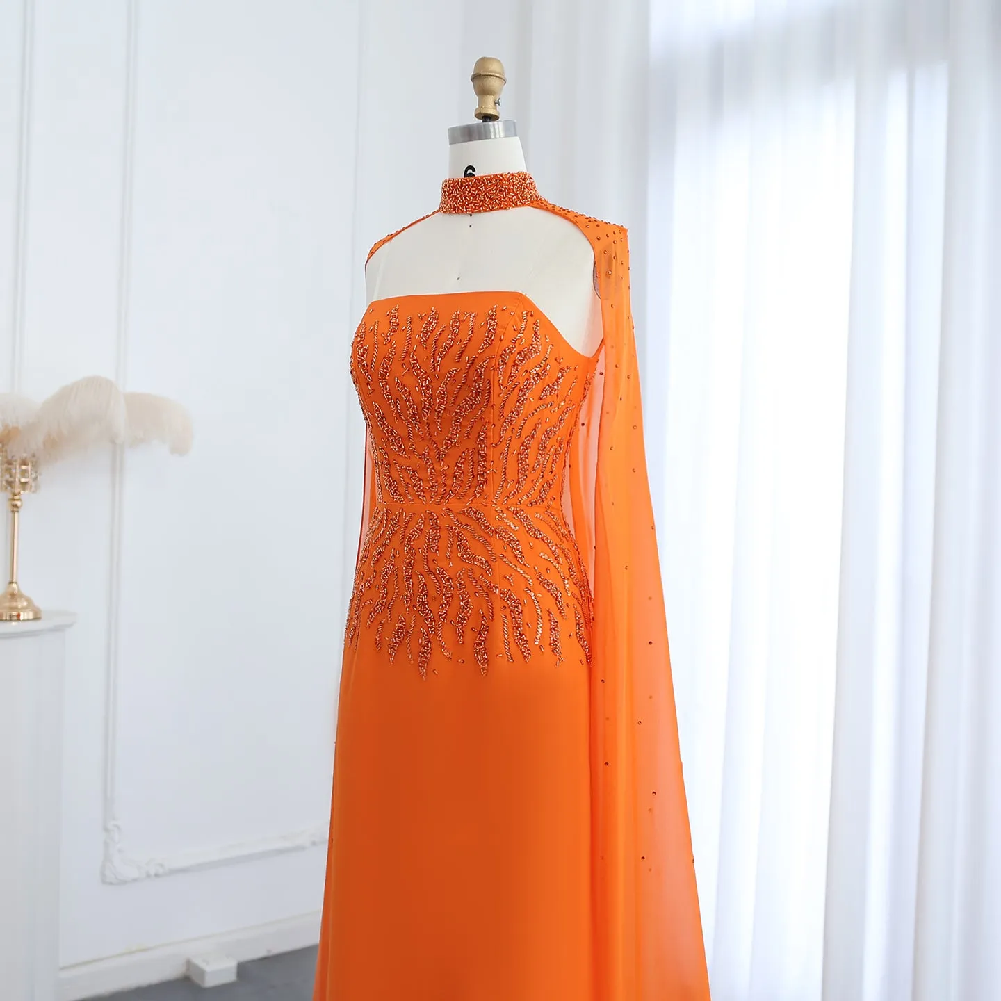 Luxury Orange Strapless Evening Dress with Cape Sleeves SS299