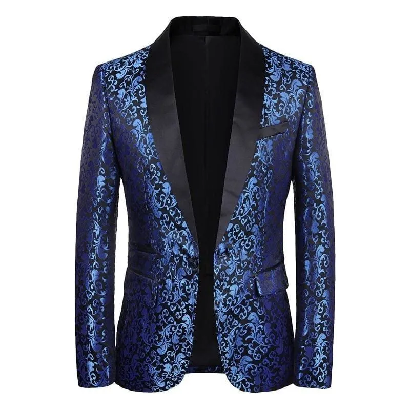 Luxury Royal Blue Floral Shawl Laple One Button Blazer For Men