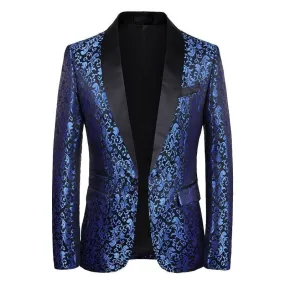 Luxury Royal Blue Floral Shawl Laple One Button Blazer For Men