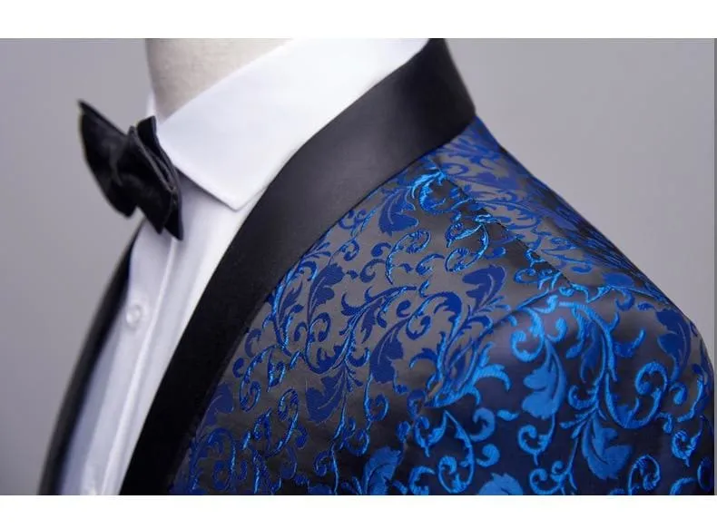 Luxury Royal Blue Floral Shawl Laple One Button Blazer For Men