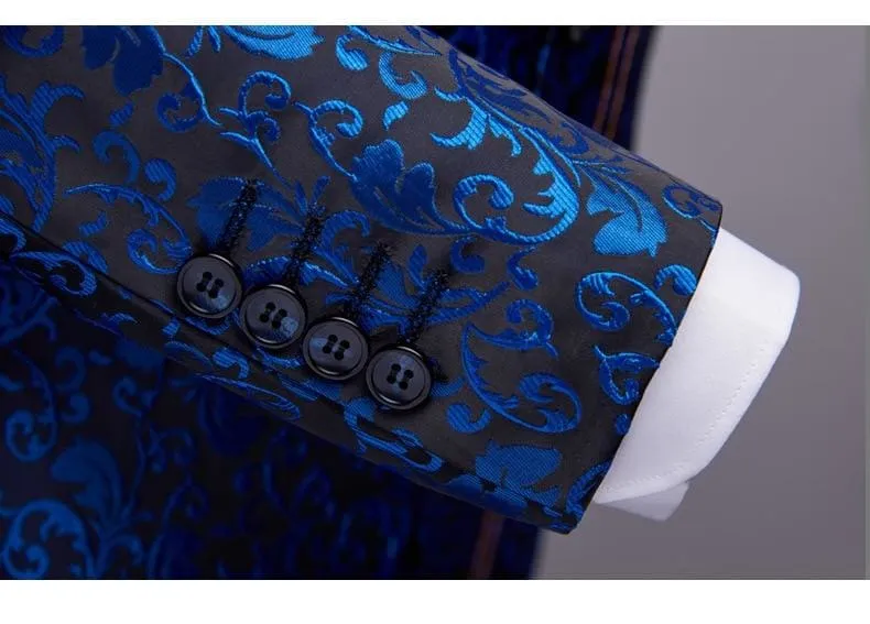 Luxury Royal Blue Floral Shawl Laple One Button Blazer For Men