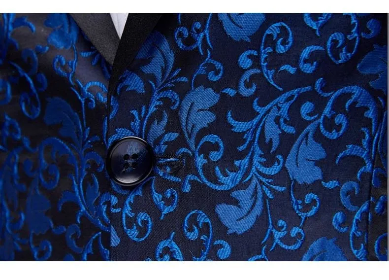 Luxury Royal Blue Floral Shawl Laple One Button Blazer For Men
