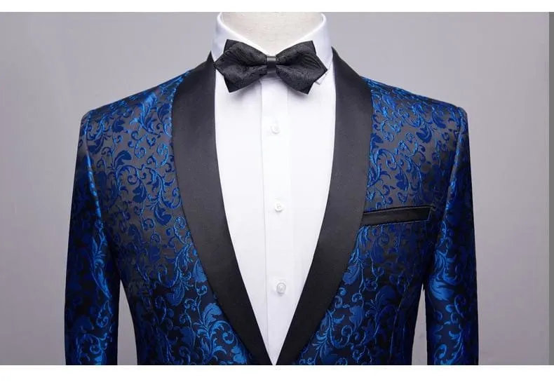 Luxury Royal Blue Floral Shawl Laple One Button Blazer For Men