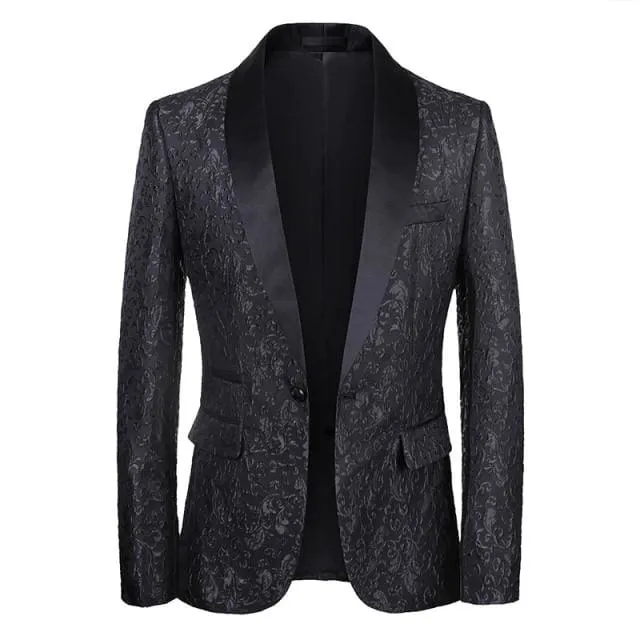 Luxury Royal Blue Floral Shawl Laple One Button Blazer For Men