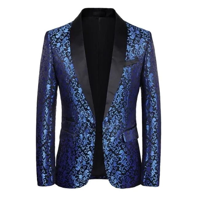 Luxury Royal Blue Floral Shawl Laple One Button Blazer For Men