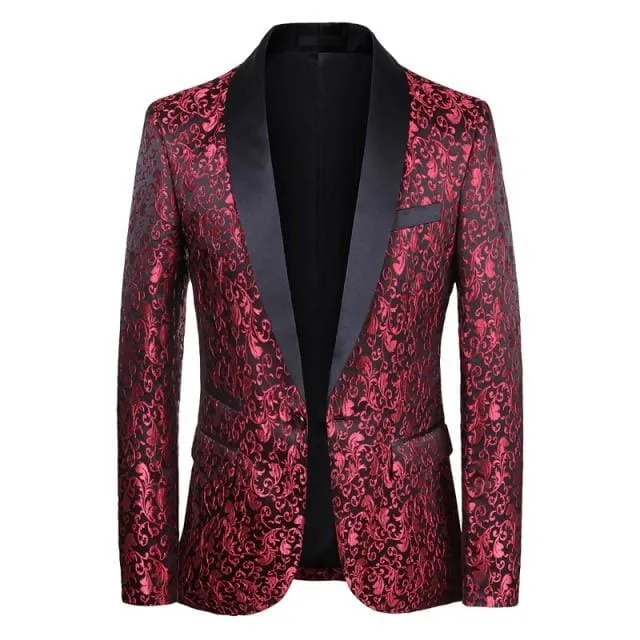 Luxury Royal Blue Floral Shawl Laple One Button Blazer For Men