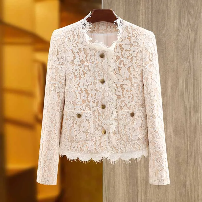 Luxury white lace coat wedding jacket with pocket