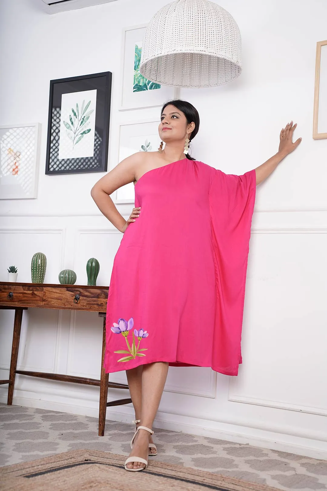 Magenta Rayon OneShoulder Dress - Violet