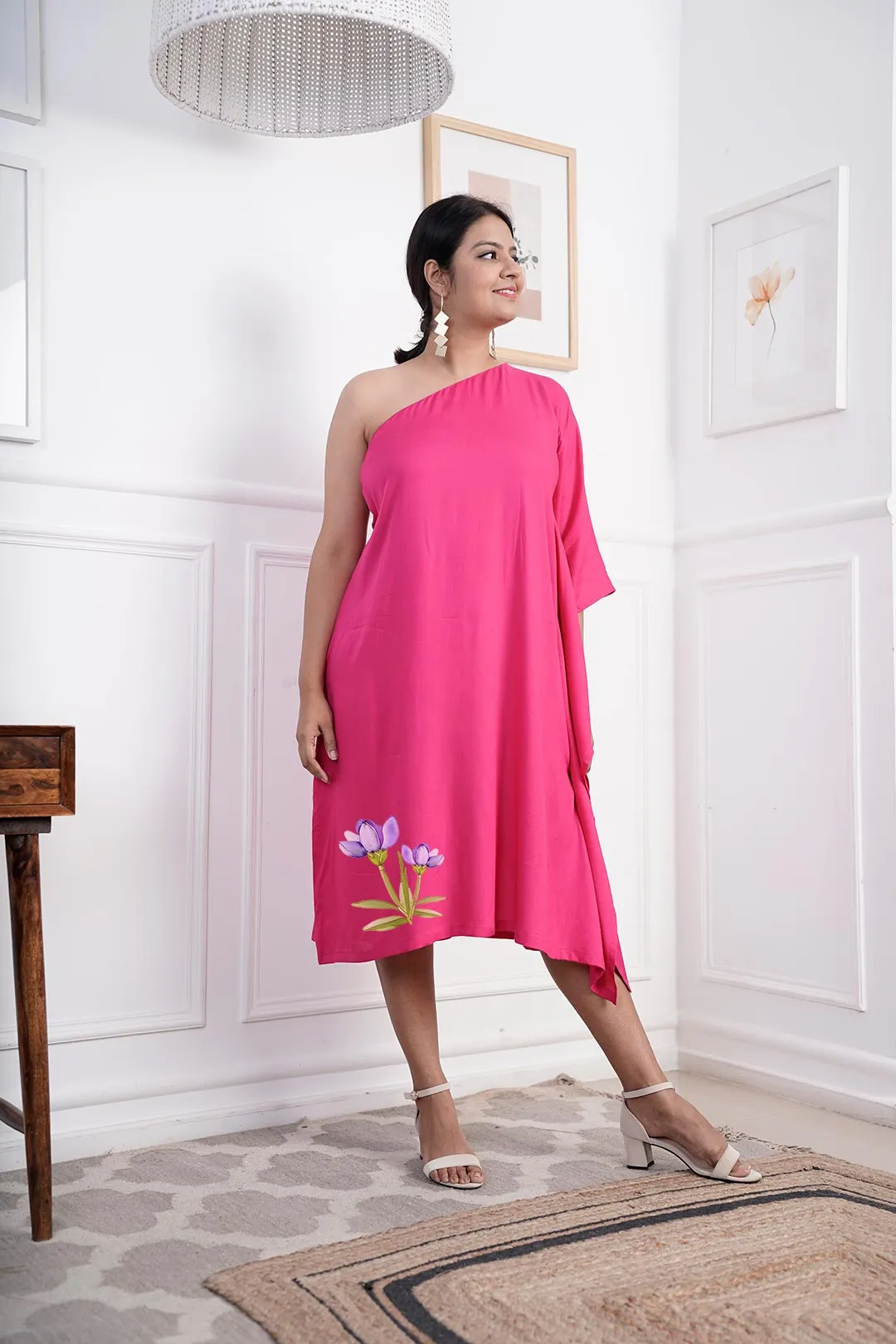Magenta Rayon OneShoulder Dress - Violet