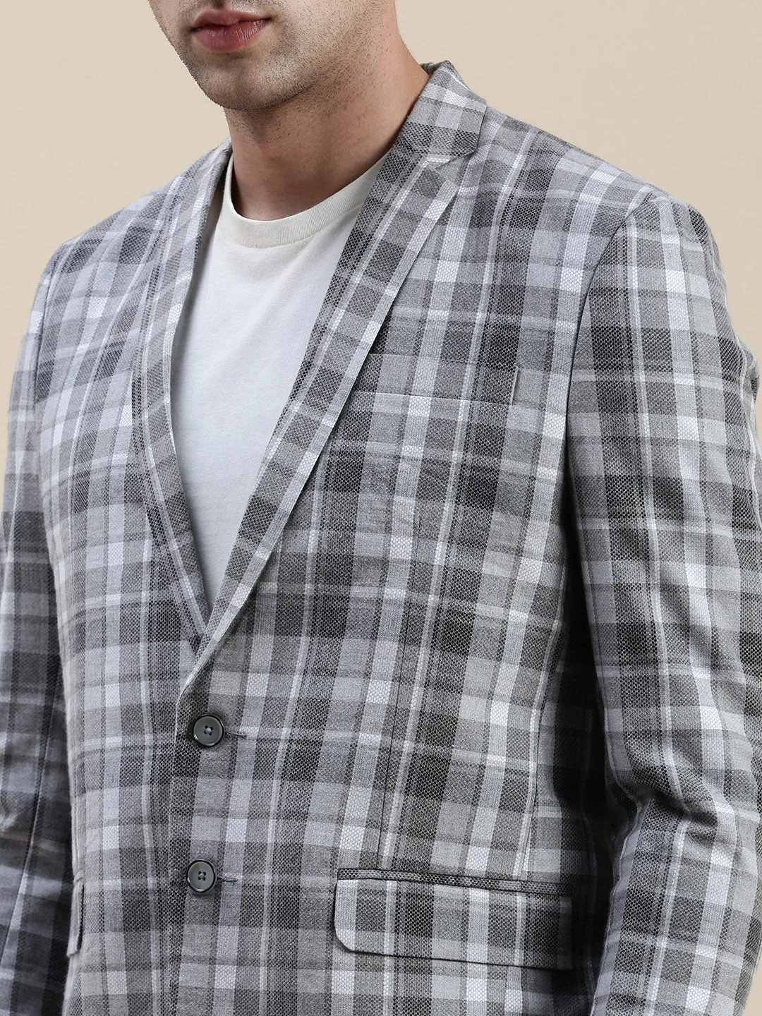 Men Grey Checked Notched Lapel Blazer