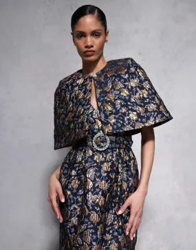 Merryn Floral Jacquard Cape - Navy/Gold