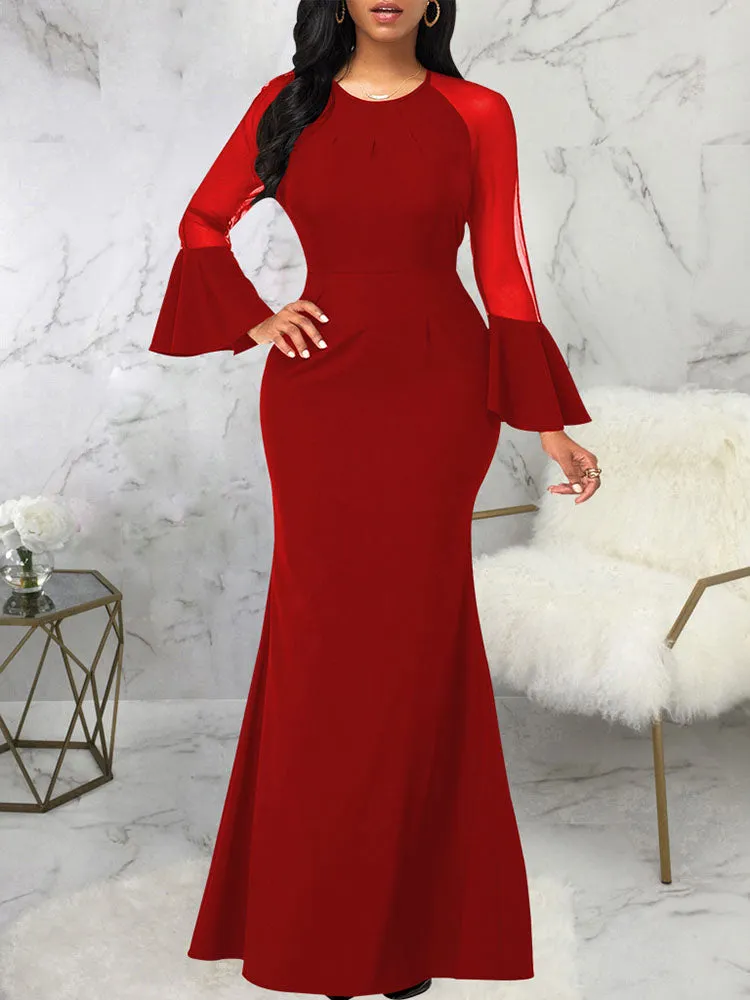 Mesh Patchwork Bell Sleeves Bodycon Maxi Dresses