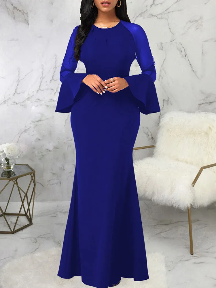 Mesh Patchwork Bell Sleeves Bodycon Maxi Dresses