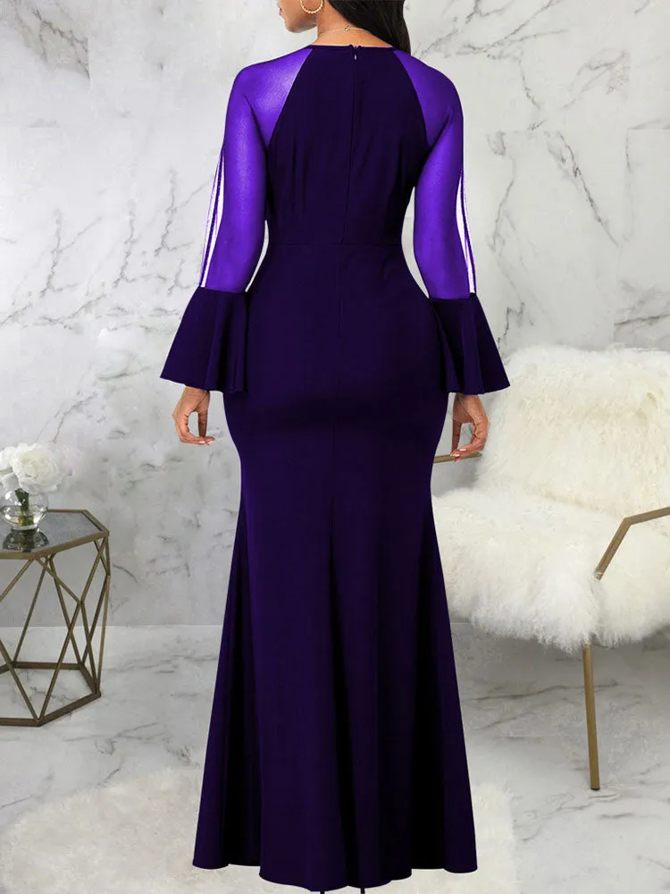Mesh Patchwork Bell Sleeves Bodycon Maxi Dresses