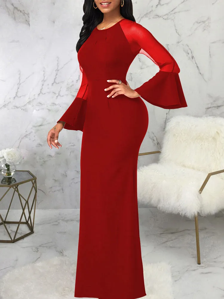 Mesh Patchwork Bell Sleeves Bodycon Maxi Dresses