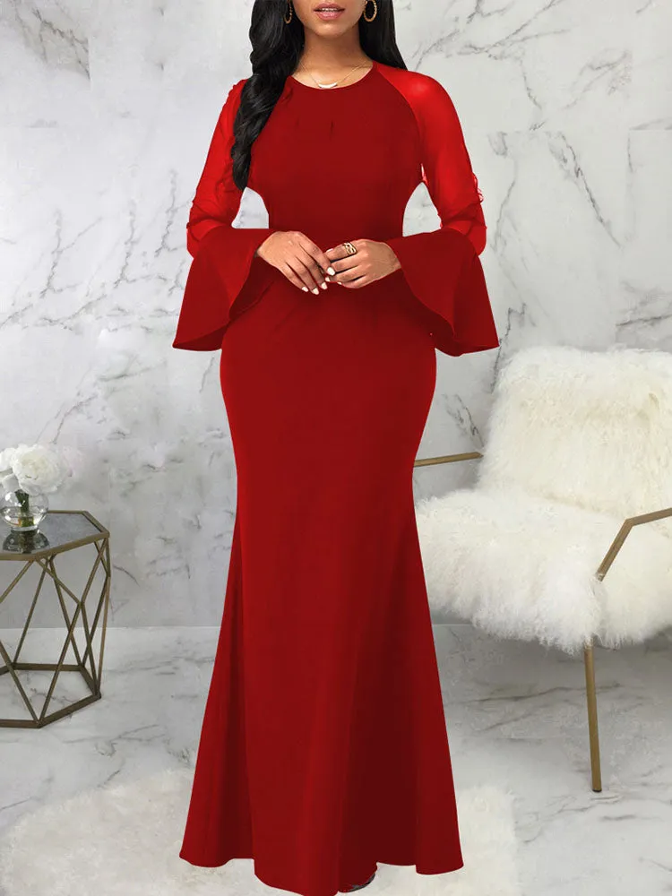 Mesh Patchwork Bell Sleeves Bodycon Maxi Dresses