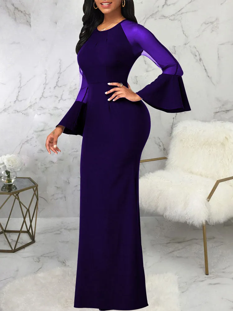 Mesh Patchwork Bell Sleeves Bodycon Maxi Dresses