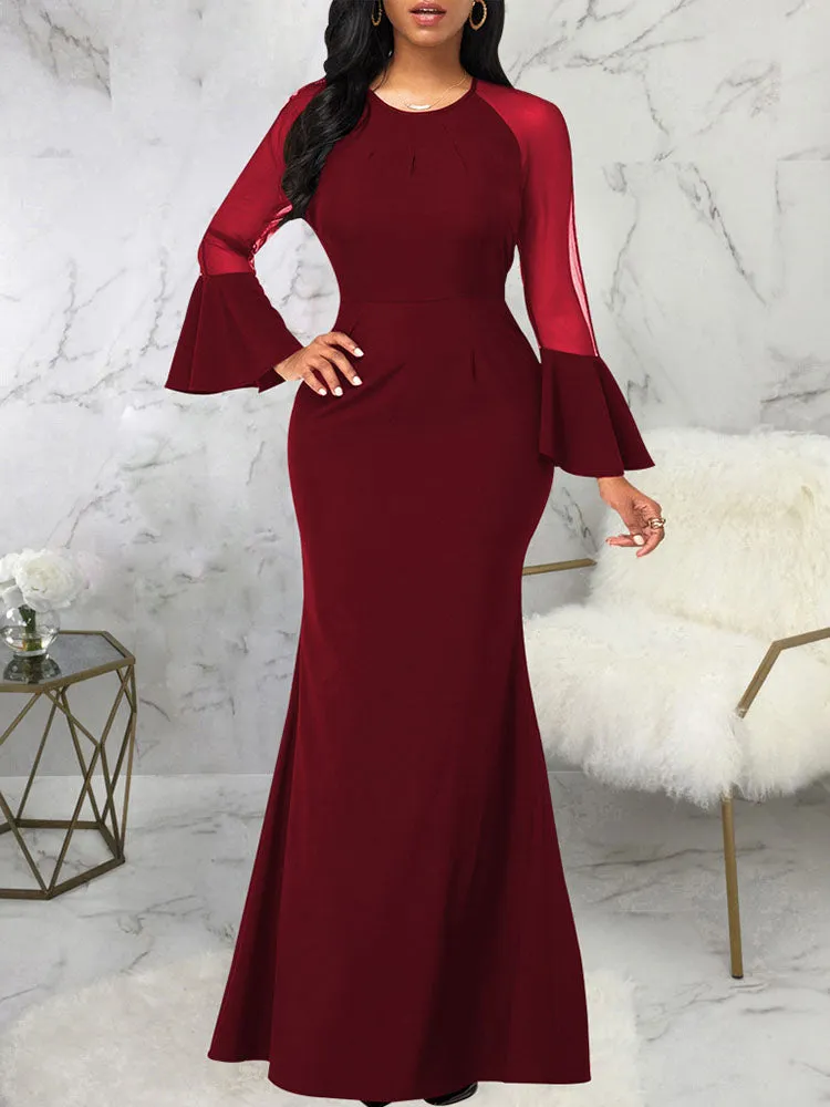 Mesh Patchwork Bell Sleeves Bodycon Maxi Dresses