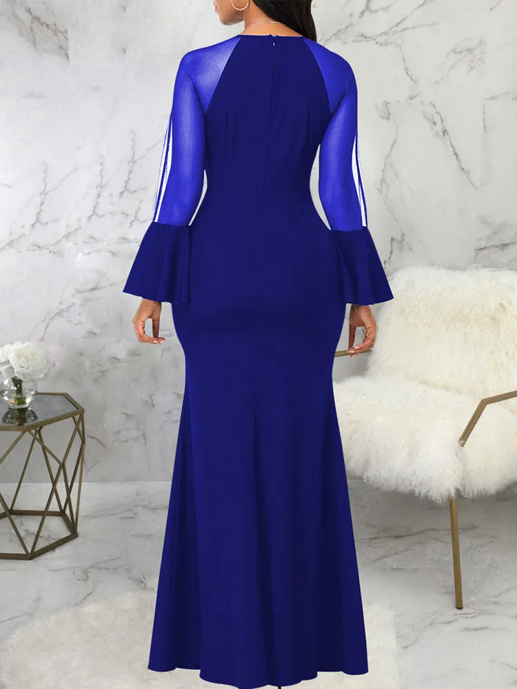 Mesh Patchwork Bell Sleeves Bodycon Maxi Dresses