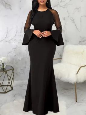 Mesh Patchwork Bell Sleeves Bodycon Maxi Dresses