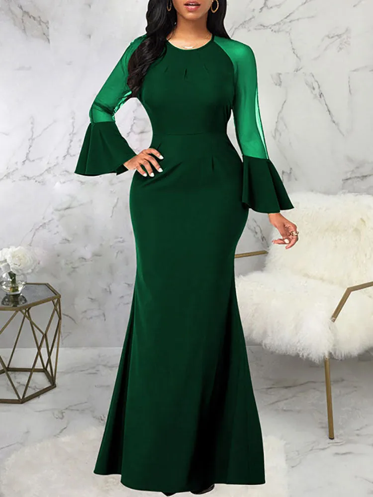 Mesh Patchwork Bell Sleeves Bodycon Maxi Dresses