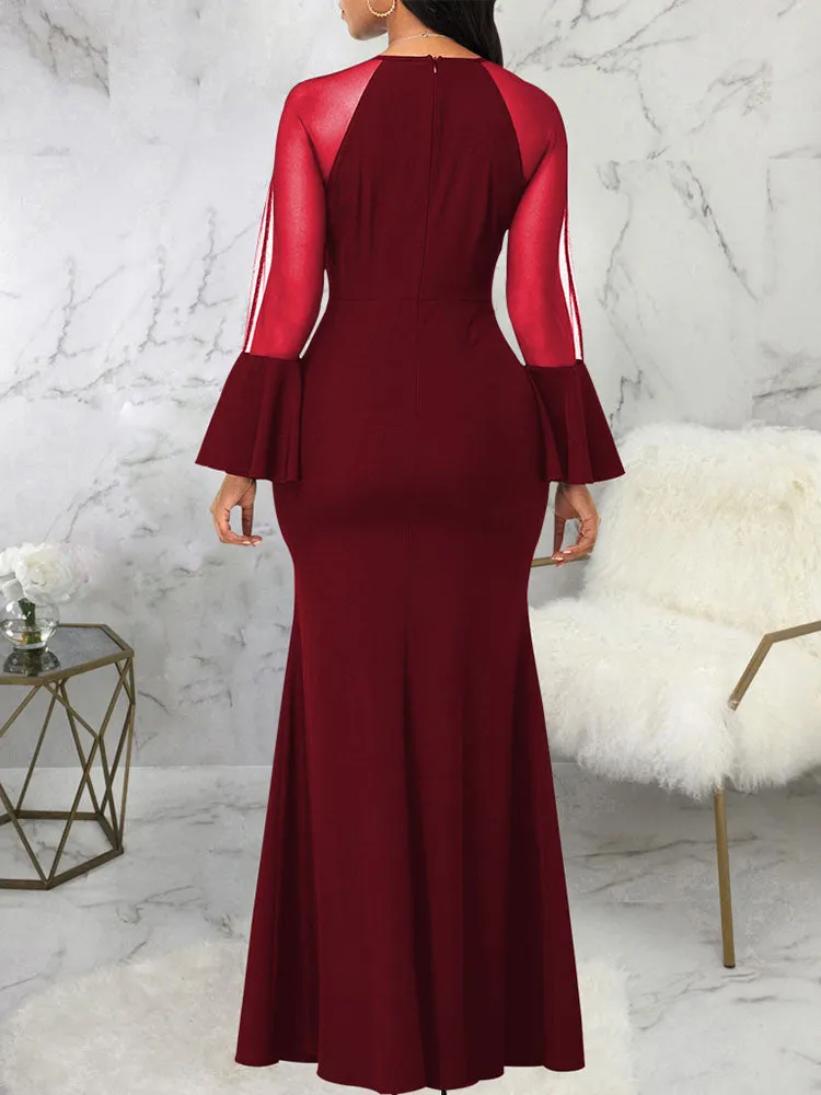 Mesh Patchwork Bell Sleeves Bodycon Maxi Dresses