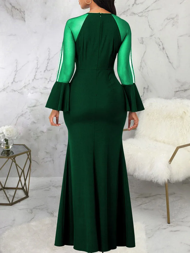 Mesh Patchwork Bell Sleeves Bodycon Maxi Dresses