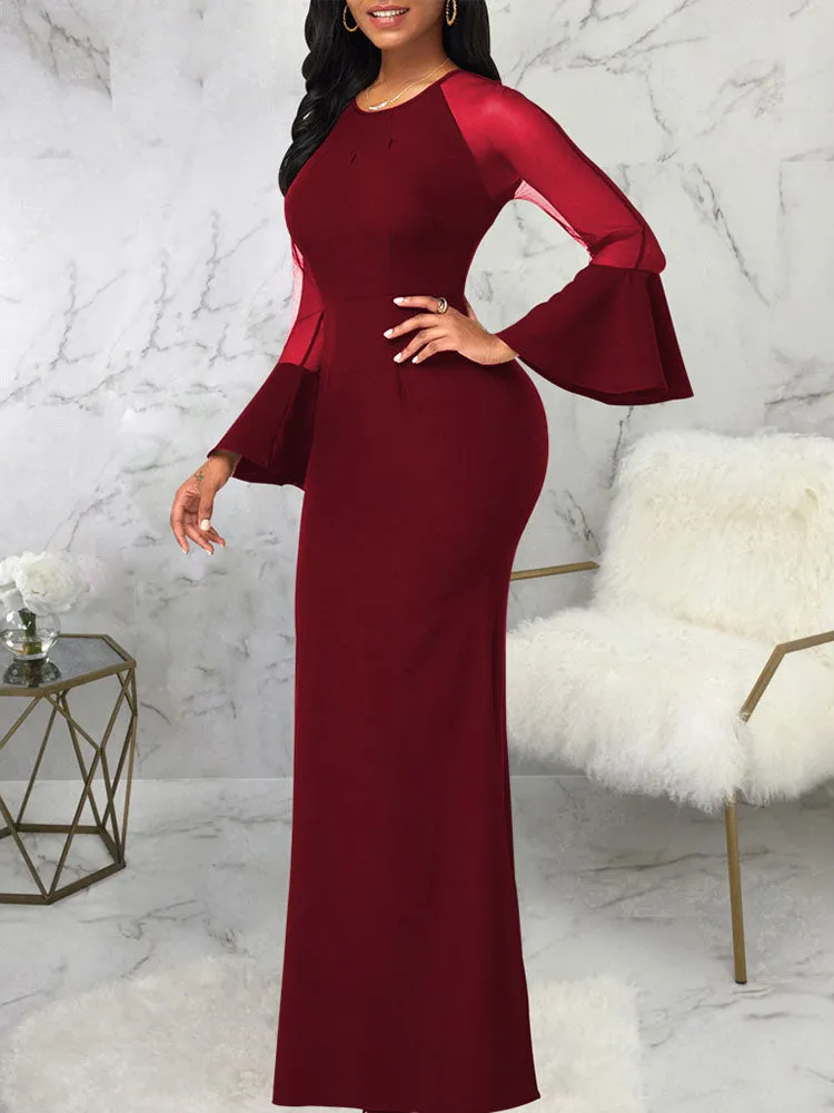Mesh Patchwork Bell Sleeves Bodycon Maxi Dresses