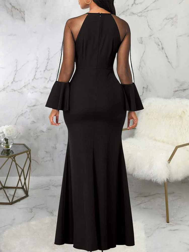 Mesh Patchwork Bell Sleeves Bodycon Maxi Dresses