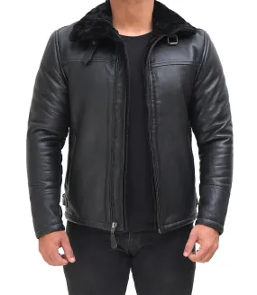 Mitchel Black Real Leather Mens Shearling Bomber Jacket