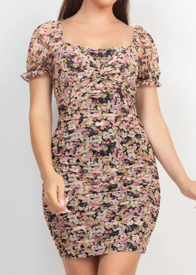 MITZY BLACK & CORAL RUCHED FLORAL PUFF SLEEVE MINI DRESS