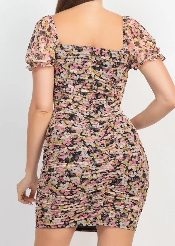 MITZY BLACK & CORAL RUCHED FLORAL PUFF SLEEVE MINI DRESS
