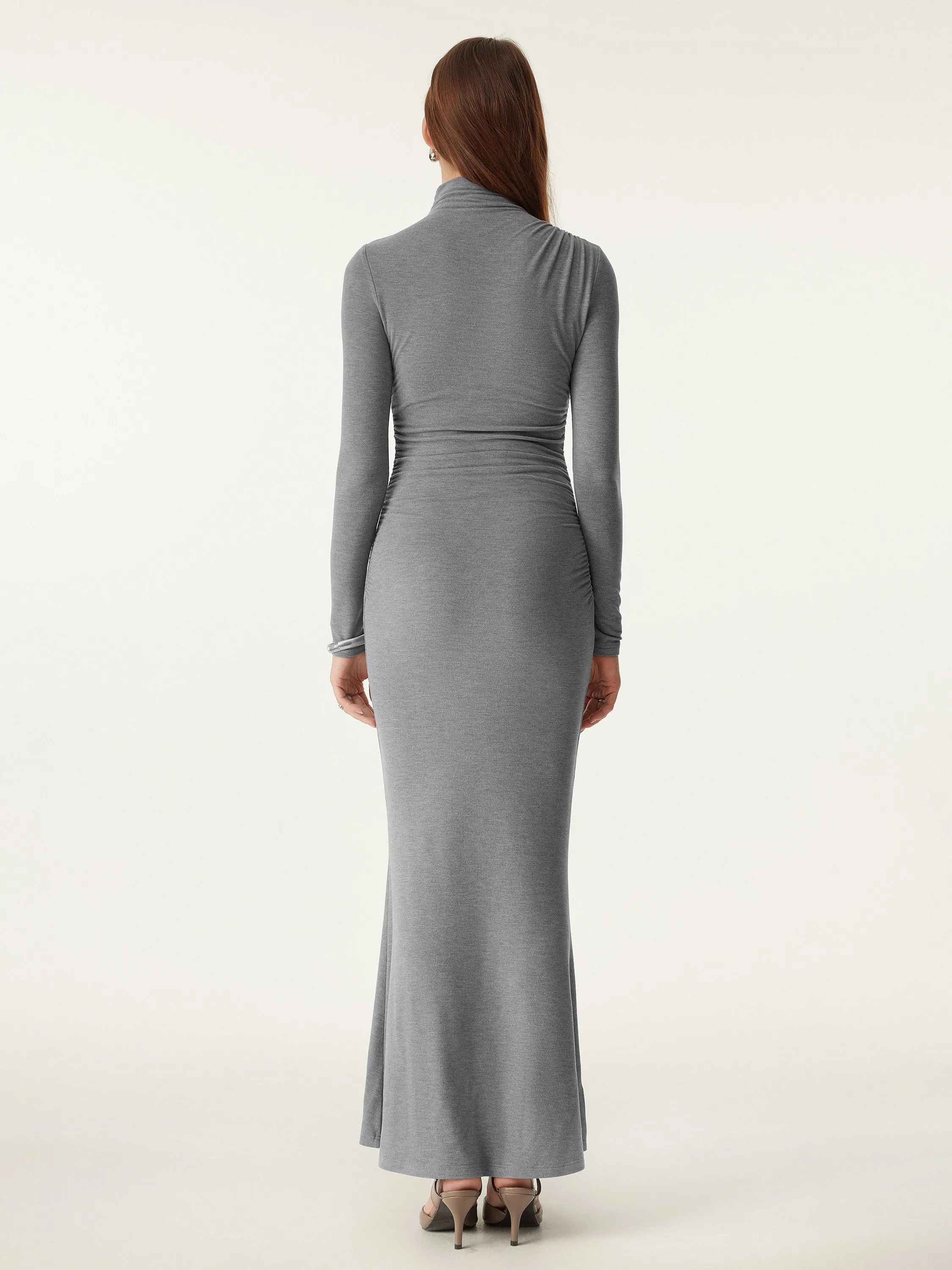 Mock Neck Asymmetrical Ruched Maxi Dress