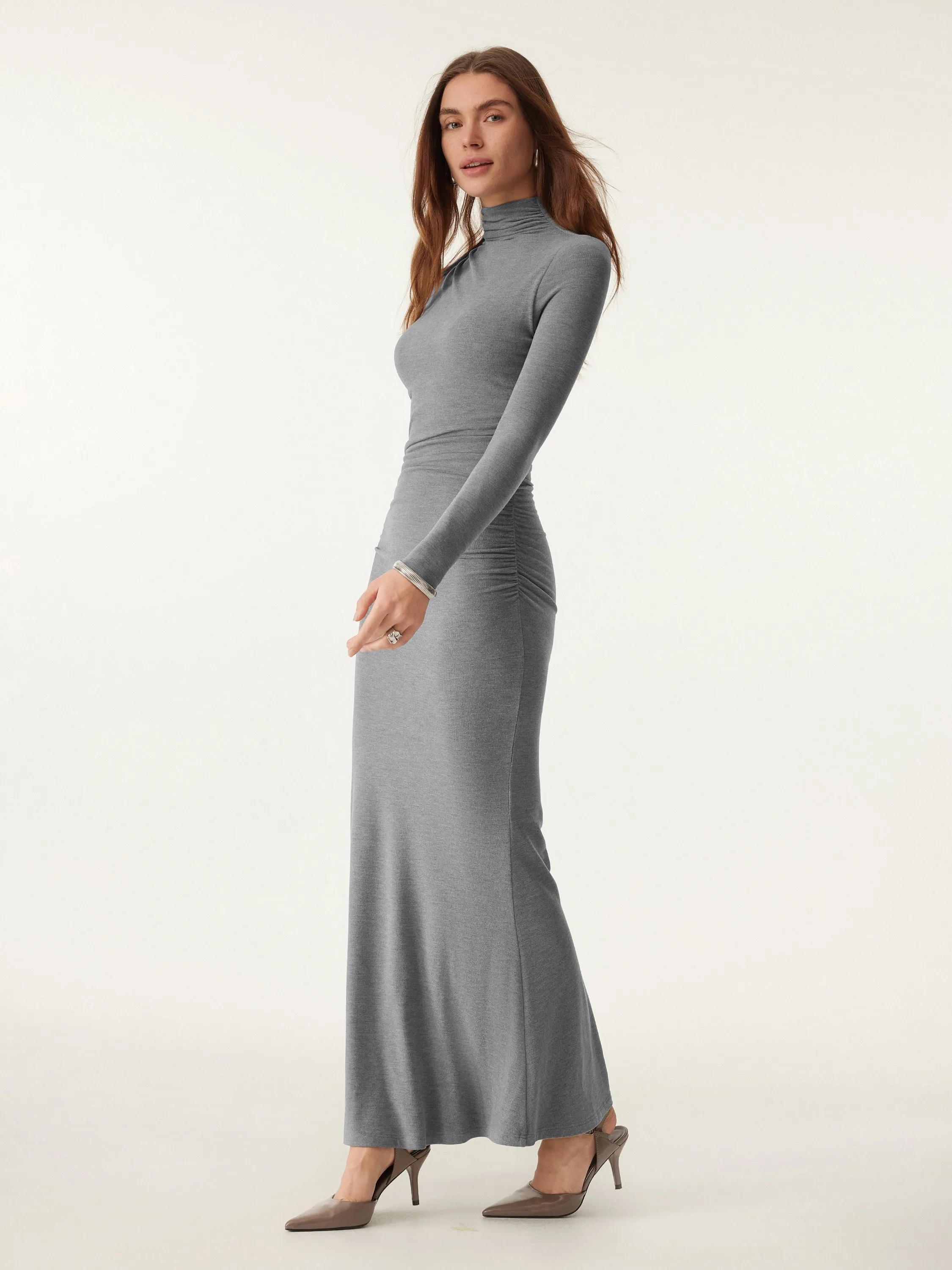 Mock Neck Asymmetrical Ruched Maxi Dress