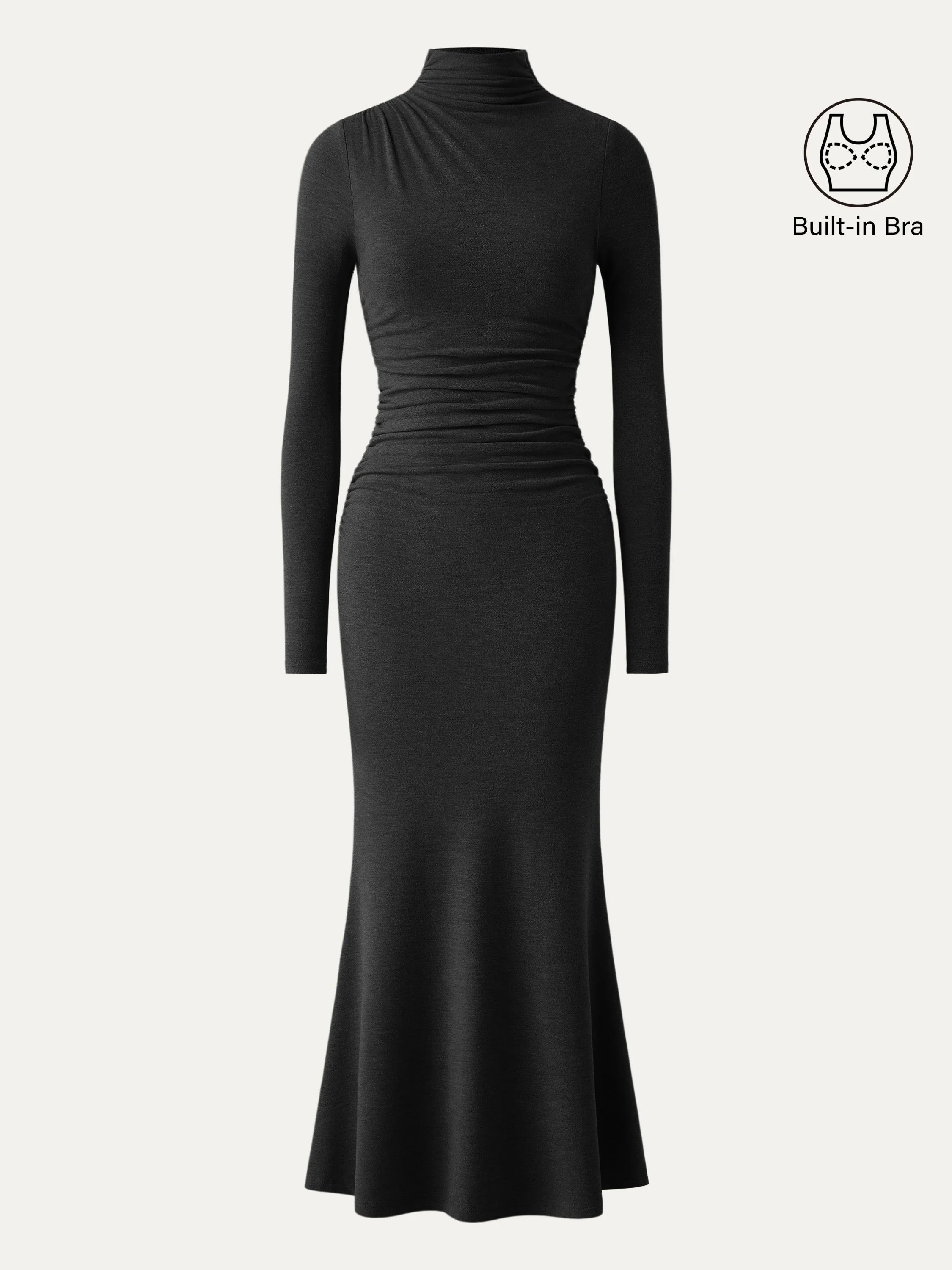 Mock Neck Asymmetrical Ruched Maxi Dress